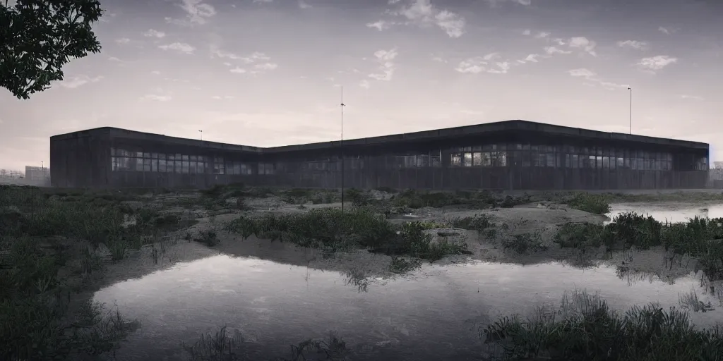 Prompt: render of huge futuristic concrete building by le corbusier, puddles of water, trees and bushes, dune style, neon glow, vivid color, moody lighting, unreal engine, bright sunrise, epic skies, foggy