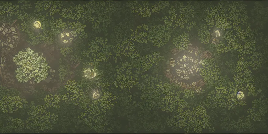 Prompt: a moonlit clearing in the woods, gridless tabletop roleplaying game map, top - down perspective, beautiful, 8 k, high quality digital art