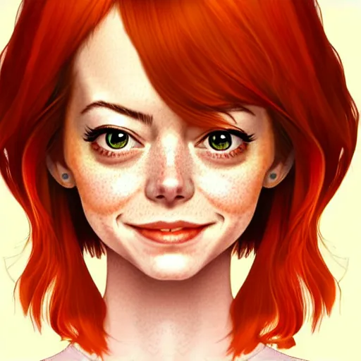 Prompt: <https://s.mj.run/Ku8PZQlrOPQ> beautiful anime girl, Emma Stone, orange glowing hair, sarcastic smiling, clear clean face, symmetrical face, blurry background, pose, face by Ilya Kushinov style, style by Loish, Norman Rockwell, painterly style, flat illustration