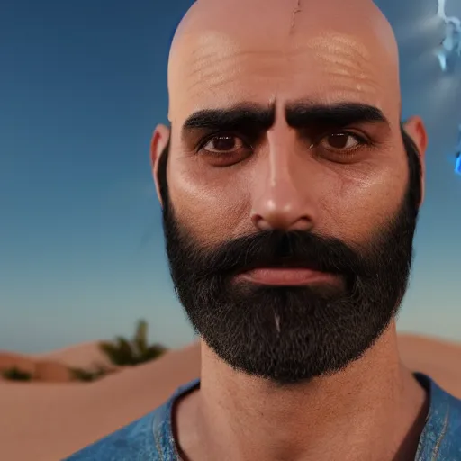 Prompt: real life photo of a Syrian man, bald, full dark beard, blue watery eyes, full round face, short smile, serene desert setting, cinematic lightning, medium shot, mid-shot, highly detailed, trending on artstation, Unreal Engine 4k, 80mm, 85mm, cinematic wallpaper