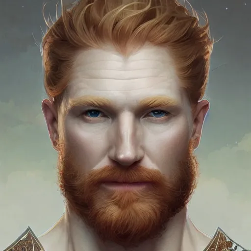 Image similar to beautiful natural middle aged male ginger god wearing a white perizoma, intricate, elegant, highly detailed, digital painting, artstation, concept art, smooth, sharp focus, illustration, art by artgerm and greg rutkowski and alphonse mucha and loish and WLOP