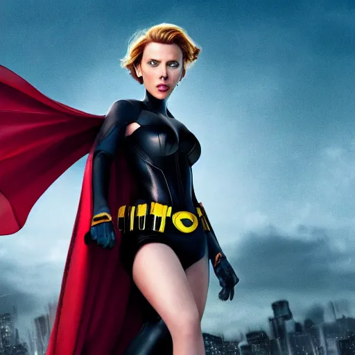 Prompt: scarlett johansson's batman, full pose, with cape, cape, cape, full length body shot, in a serene foreground, in a serene background