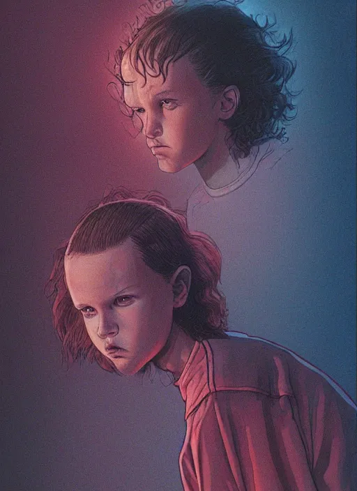 Prompt: eleven from stranger things, by yusuke murata, by dorian cleavenger, by zdzisław beksinski, trending on artstation