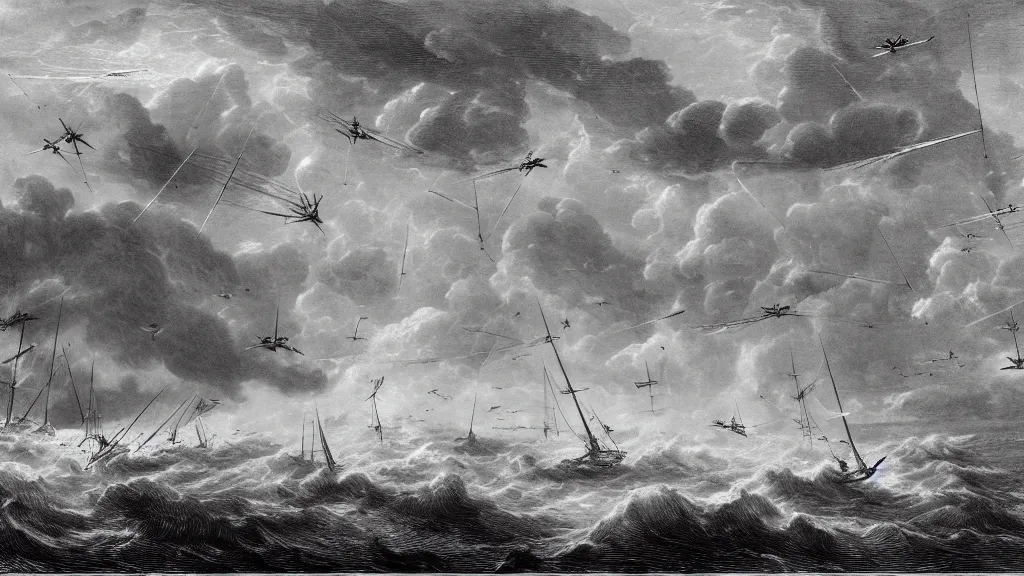 Image similar to drawing of seven ornithopters flying above a stormy ocean, by gustave dore, nineteenth century, black and white, vintage, science fiction, epic composition, dramatic lighting, highly detailed, cinematic