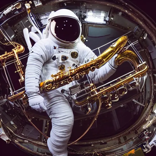 Image similar to astronaut doing jazz saxophone improvisation, 4k photography, space