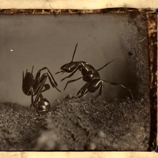 Image similar to tintype photo, underwater, two ants fighting