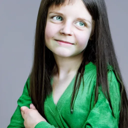 Prompt: portrait of missy, a young girl with long dark hair, green eyes and green hair