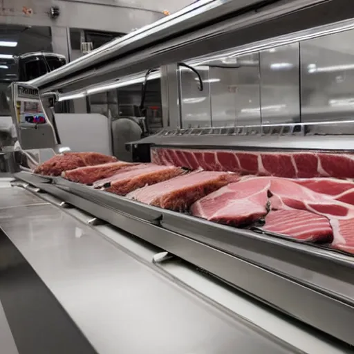 Image similar to butcher shop with robotic kuka robot cutting machines, steel countertops display various cuts of meat, photorealistic, highly detailed