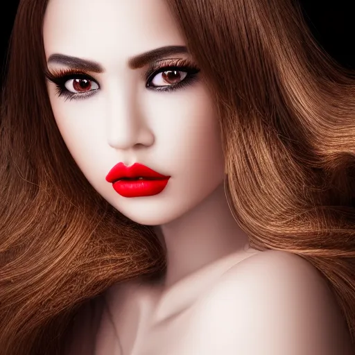 Image similar to complex 3 d render, ultra detailed, realistic photo of a beautiful porcelain skin woman, oval shape face, black long hair, wearing black dress, detailed almond eyes shape, red lipstick, plump lips, beautiful, studio photo, proportional, the grand sala thai on the background