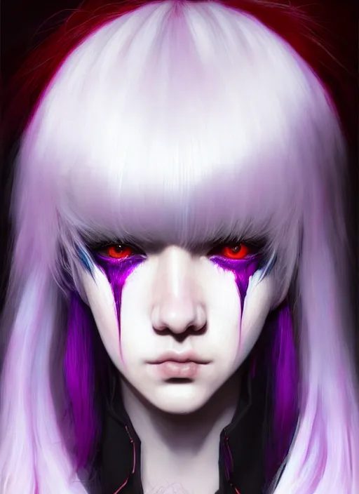 Image similar to hair whitebangs hair, black cyberlox, portrait of normal teenage girl, white bangs, messy bangs, fluffy bangs, cyberlox, whitebangs, red contact lenses, purple background, intricate, elegant, highly detailed, digital painting, artstation, concept art, sharp focus, smooth, illustration, art by wlop, mars ravelo and greg rutkowski