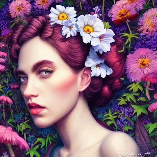 Image similar to Lofi portrait in a flower garden, Pixar style by Tristan Eaton and Stanley Artgerm and Tom Bagshaw and Tim Burton