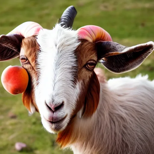 Prompt: a goat with peaches stuck on its horns, 8 k, 4 k, professional photography, award winning photo