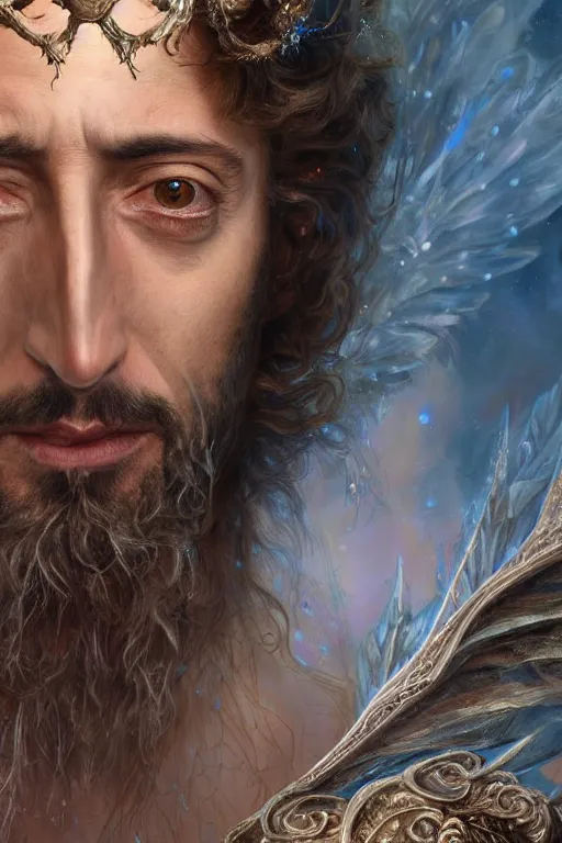 Image similar to closeup portrait shot of adrien brody as king oberon, fairy wings, lord of beasts, highly detailed, digital painting, artstation, concept art, soft focus, depth of field, artgerm, tomasz alen kopera, peter mohrbacher, donato giancola, wlop, boris vallejo