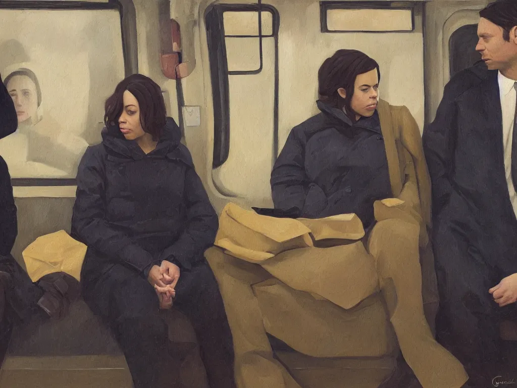 Image similar to an oil painting by Grant Wood, a low angle medium shot of two people sitting in an empty Chicago subway train, in front of windows: a sad Aubrey Plaza wearing a parka and a friendly Mads Mikkelsen in a suit