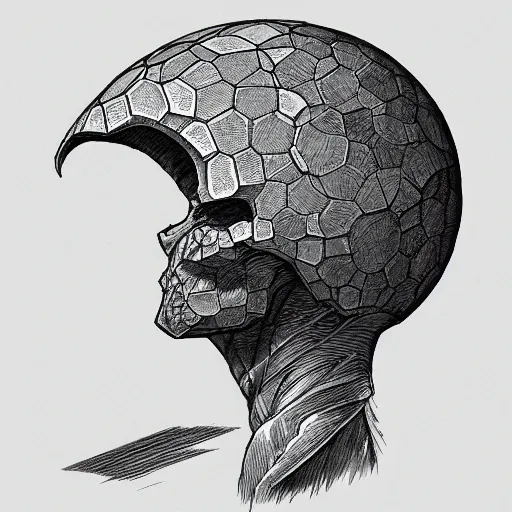 Image similar to iconic hybrid infected mushroom sentinel head closeup album hyper detailed concept art crosshatch sketch illustration art style by Jonathan Wayshak and Toshihiro Egawa and Moebius and Artstation trending 8k