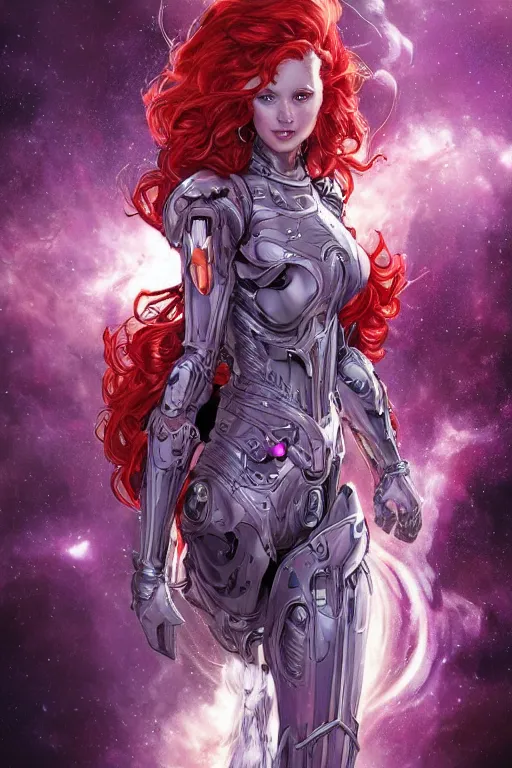 Prompt: pale woman with red hair in sci - fi armor with purple accents, bionic armor, stoic, powerful, by artgerm and yoshitaka amano and moebius and alphonse mucha, hyperdetailed, dc comics, ornate, nebula, explosions in the sky, trending on artstation