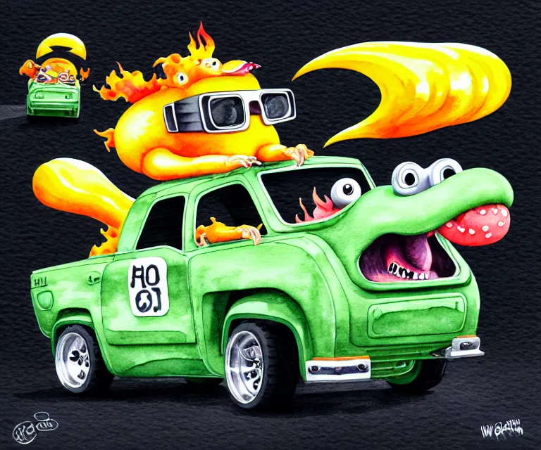 Image similar to cute and funny, black chicken wearing goggles driving a tiny hot rod with an oversized engine, ratfink style by ed roth, centered award winning watercolor pen illustration, isometric illustration by chihiro iwasaki, edited by craola, tiny details by artgerm and watercolor girl, symmetrically isometrically centered