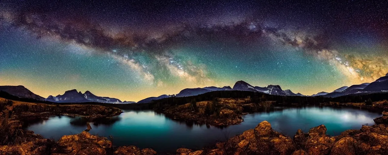 Image similar to beautiful nighttime landscape photography of the Rocky Mountains with a crystal blue lake, hyper detailed milky way galaxy sky, serene, dramatic lighting.