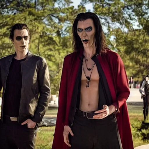 Prompt: <movie still mid-gesture attention-grabbing>vampires in the sun show how cool they look</movie>