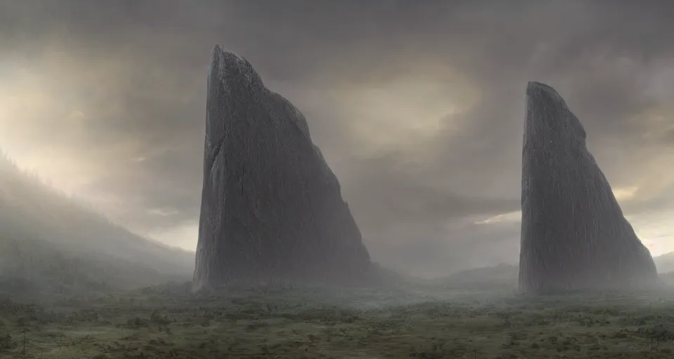Prompt: A hyper realistic matte painting of a massive glowing alien black monolith with glowing engraved inscriptions in an ominous sky over an eerie wilderness at twilight by Christophe Vacher and Gregory Crewdson. Subject in view, golden ratio composition, moody volumetric lighting, very wide shot, f11:10,ground mist, trending on artstation and cgsociety