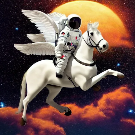 Prompt: photograph of an astronaut riding a Pegasus flying above the sky