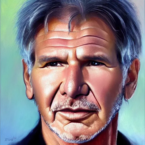 Prompt: stunning serene portrait of Harrison Ford by Mark Arian, oil on canvas, masterpiece, realism, piercing gaze, autumn bokeh