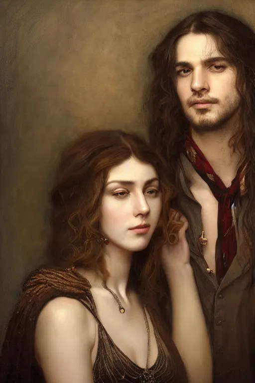 Image similar to a portrait of handsome young male rock star with long hair and his elegant beautiful bohemian wife, bored, illustration, dramatic lighting, soft details, painting oil on canvas, art nouveau, octane render, HDR, 4k, 8k, HD, by Edmund Blair Leighton, Brom, Charlie Bowater, trending on artstation, faces by Tom Bagshaw, Sargent