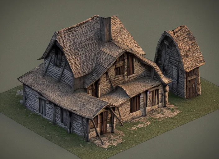 Prompt: medieval vampire village house, 3d model, miniature, iso, isometric view, gas lighting, stone and wood, dead tree, digital art, unreal engine