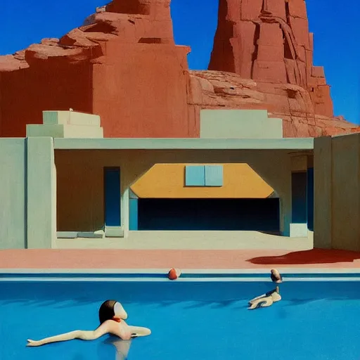 Prompt: A pool in the middle of desert, very coherent, painted by Edward Hopper, Wayne Barlowe, painted by James Gilleard, airbrush, art by JamesJean