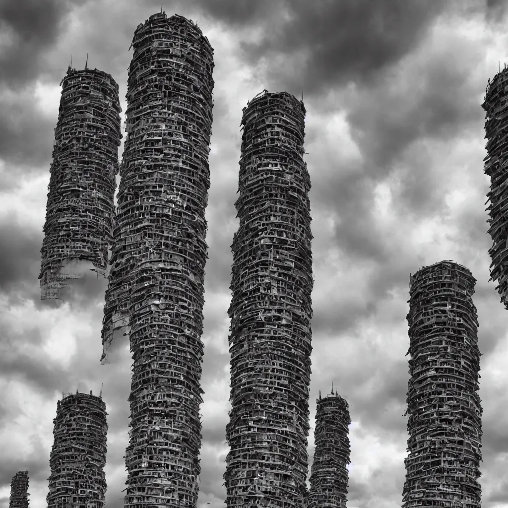 Image similar to close - up towers made up of squatter housing, bleached colours, dramatic cloudy sky, dystopia, mamiya, very detailed, ultra sharp, photographed by ansel adams