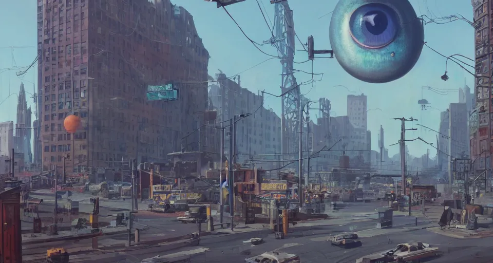 Image similar to A 1950s city scene with a giant Mecha EYEBALL looming overhead, rendered by simon stålenhag, rendered by Beeple, Makoto Shinkai, syd meade, environment concept, digital art, unreal engine, 3 point perspective, WLOP, trending on artstation, low level, 4K UHD image, octane render,