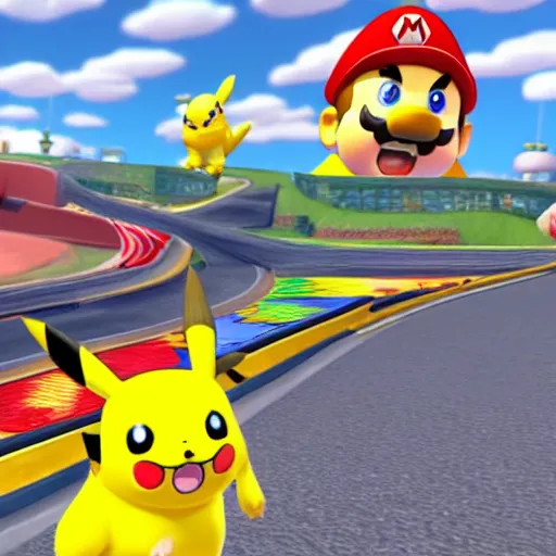 Image similar to Pikachu in Mario Kart, screenshot,