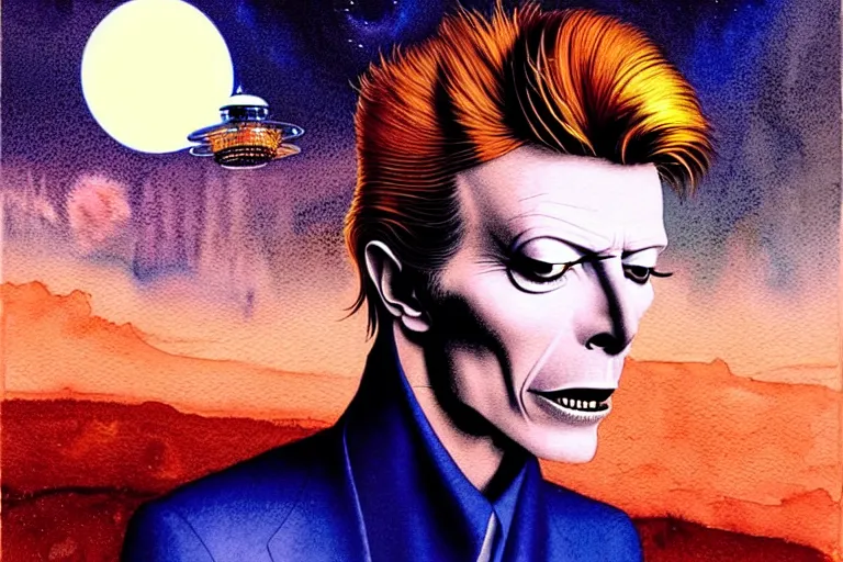 Prompt: a hyperrealist watercolour character concept art portrait of david bowie on a full moon well lit night in las vegas. a ufo is in the background. by rebecca guay, michael kaluta, charles vess and jean moebius giraud