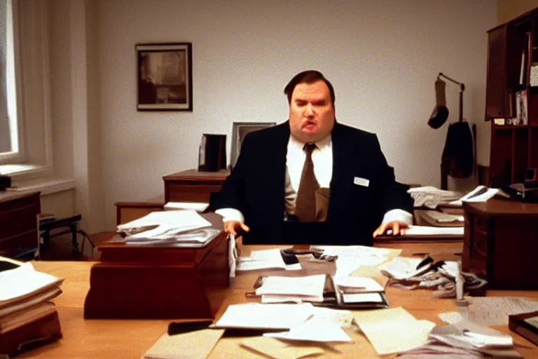 Image similar to cinematic still of portly clean-shaven white man wearing suit and necktie at his desk in his office in 1994 film, XF IQ4, f/1.4, ISO 200, 1/160s, 8K, RAW, dramatic lighting, symmetrical balance, in-frame