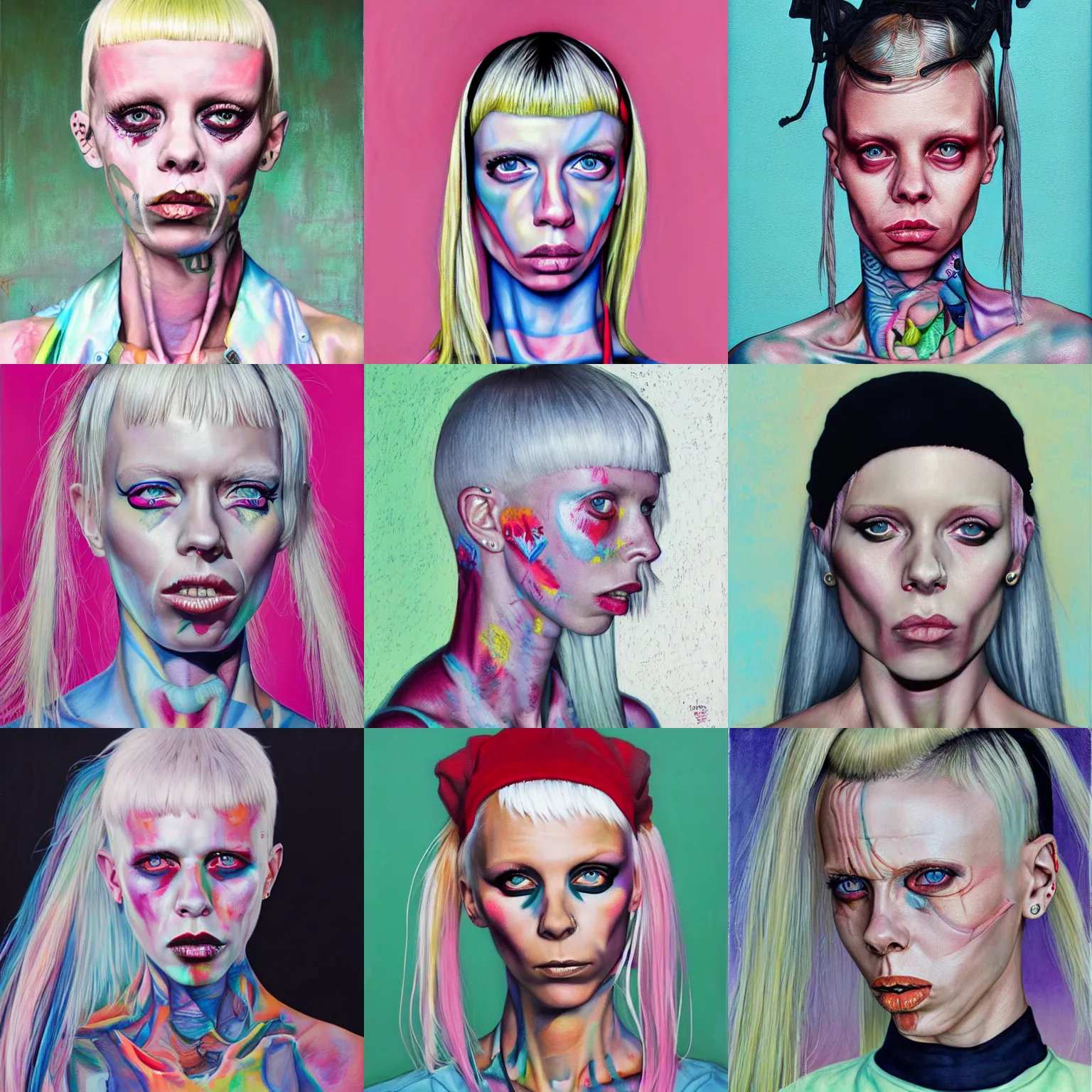 Prompt: yolandi visser from die antwoord standing in a township street, portrait painting by martine johanna, pastel color palette