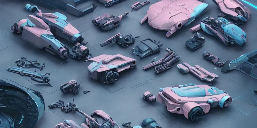 Prompt: Hard Surface Shape Form Exploration, Detailed, 8k, sci-fi, pastel colors, props, panel, concept, simon stalenhag ,syd mead, vehicle, speeder, parts,modular, insane detail, ash thorp, kyza, car, msucle cars , cyberpunk, collection