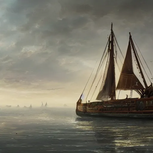 Prompt: huge scientific survivalist sailing barge, Magic the Gathering art, art by greg rutkowski, matte painting, trending on artstation, very detailed