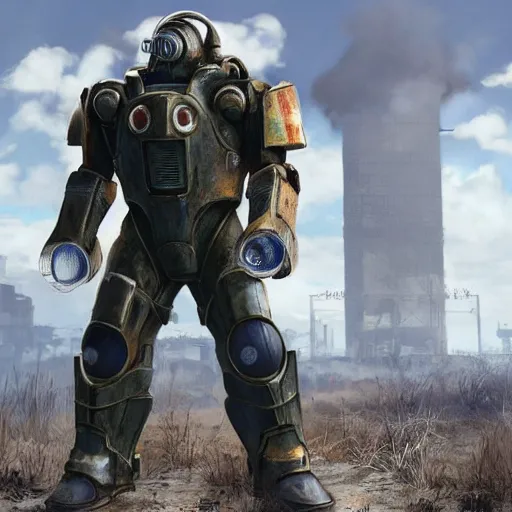 Image similar to Michael Scott in a fallout power armor, fallout4, rtx, raytracing, unreal engine, hyper realistic, sun rays