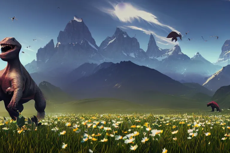 Image similar to lowpoly ps 1 playstation 1 9 9 9 glowing tyrannosaurus standing in a field of daisies, swiss alps in the distance digital illustration by ruan jia on artstation