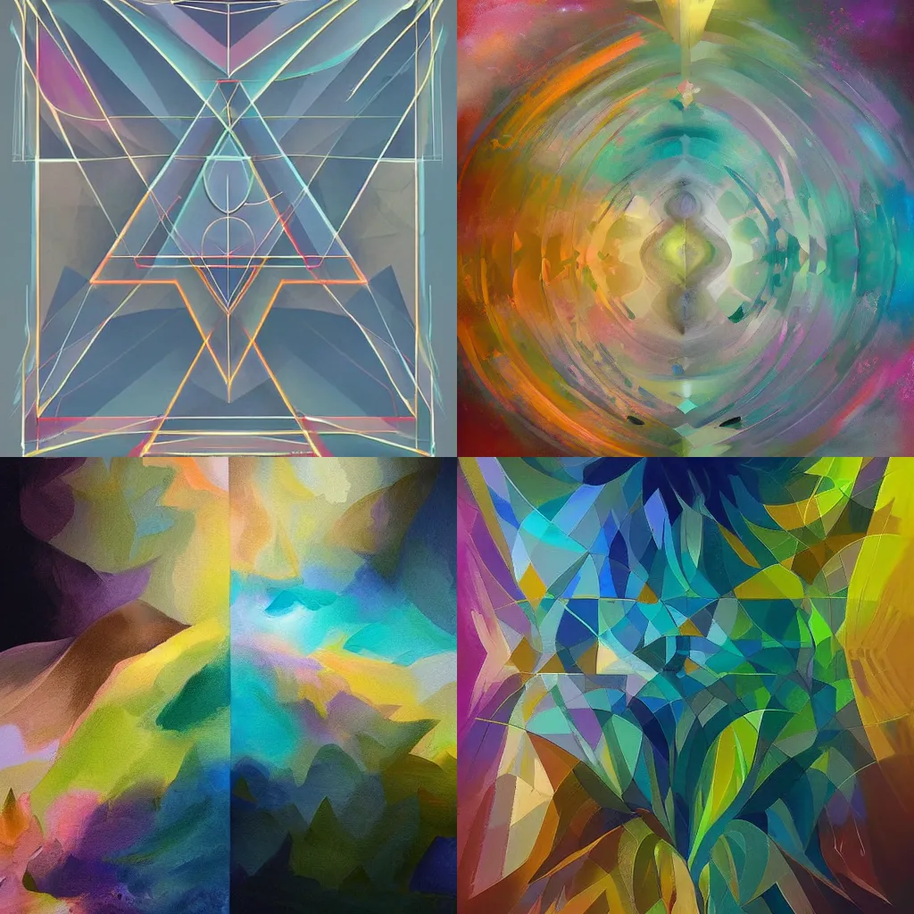 Prompt: The natural world consists of beautiful geometry and symmetry over multiple dimensions. Dark and light fight over balance. Nature in everything I see. Painting. Rough brushstrokes. Fine detail. Natural colours, colourful, muted palette. Abstract art. Fine details. Trending on artstation and deviantart.