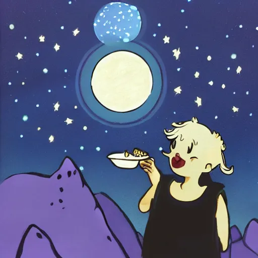 Image similar to a mystical creature eating ice cream in the moonlight