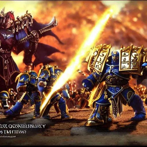 Prompt: The Emperor of mankind together with the primarchs are fighting against the Orcs. Epic battle, brutal style, super quality, 4k.