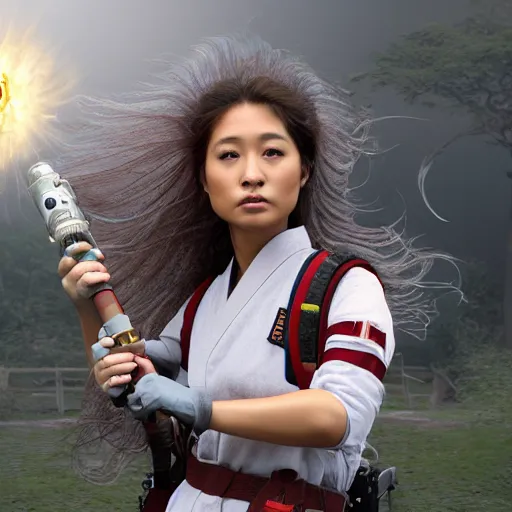 Image similar to beautiful feudal south American girl Ghostbuster, 1567 wavy hair like Brenda song, intricate complexity 8k character concept, ghostbusters, ghostbusters proton pack, ghostbusters trap , in feudal Japan, steampunk aesthetic, fresh food market people, fine line detail, cinematic quality, high octane, cry engine, 4k render, masterpiece, octane
