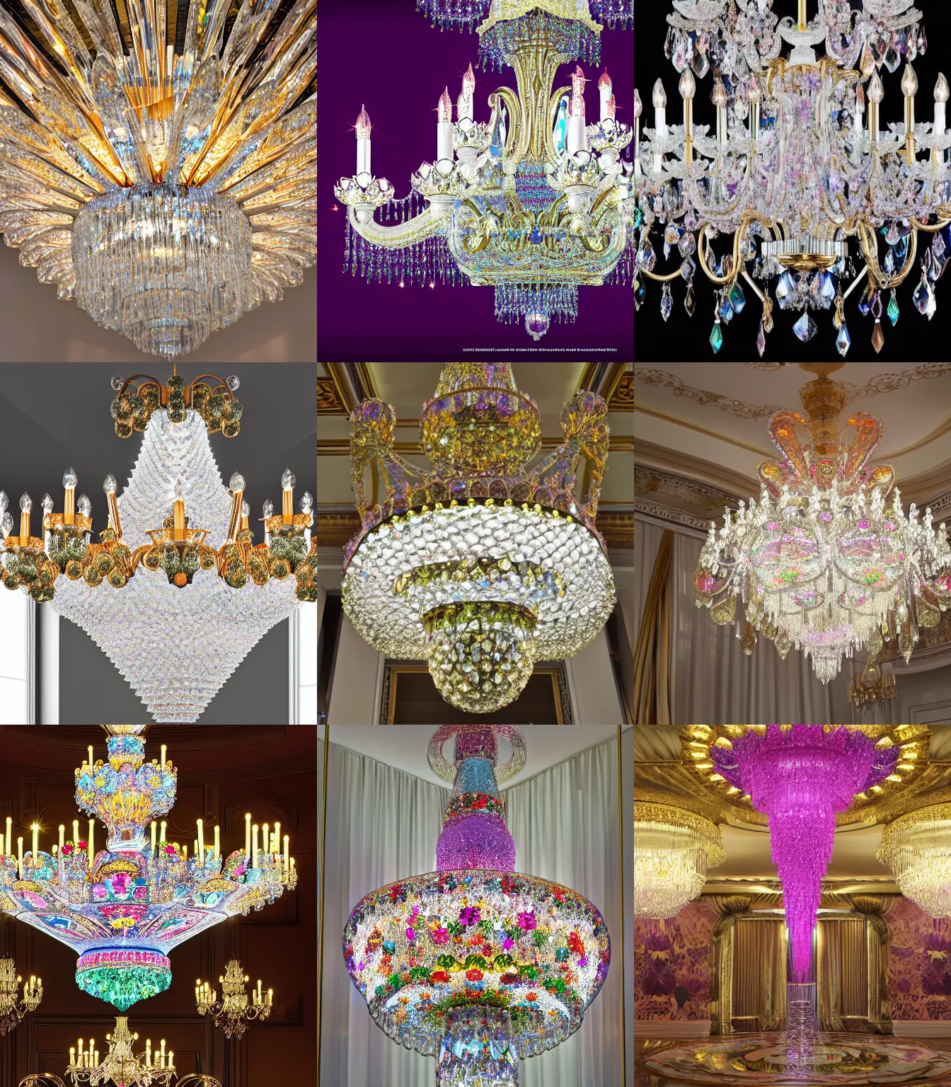 Prompt: Swarovski chandelier designed by Lisa Frank in collaboration with The House of Fabergé, high resolution interior design photo