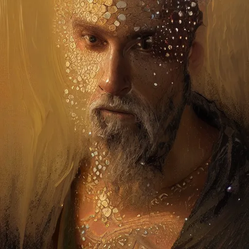 Image similar to highly detailed picture of a man with holes in his robes, religious man wearing clothes with huge rips, destroyed clothes, medieval background, mystic, d & d, fantasy, intricate, elegant, highly detailed, digital painting, artstation, concept art, smooth, sharp focus, illustration, art by artgerm and greg rutkowski and alphonse mucha