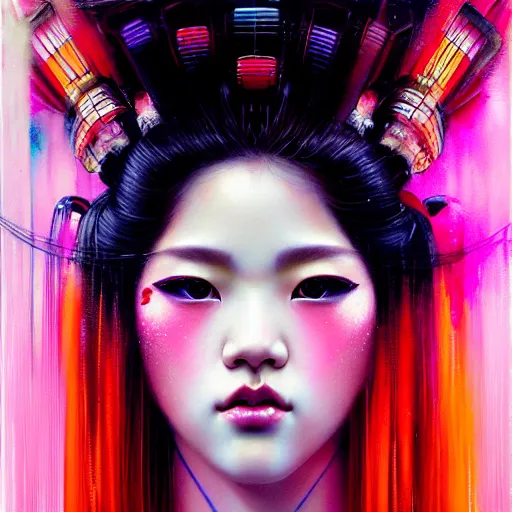 Prompt: blackpink, hyperrealistic portrait of a geisha wearing a colorful kimono, bladerunner street, by karol bak and agnes cecile, fantasy art, photo realistic, dynamic lighting, artstation, poster, volumetric lighting, very detailed face, intricate complexity, rule of thirds, 8 k, award winning