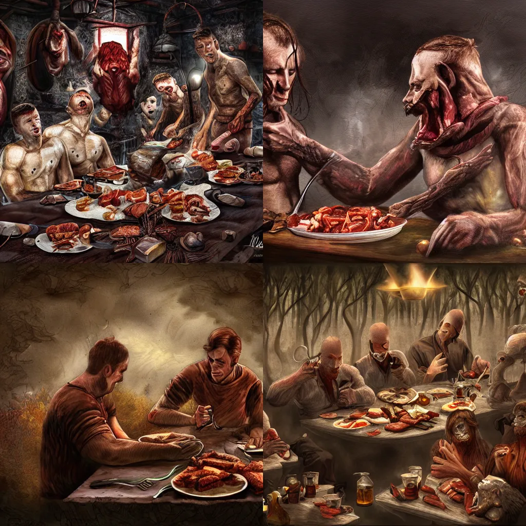 Prompt: men were eating meat, digital art, dark fantasy, highly detailed, no crop