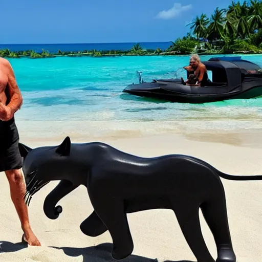 Image similar to john mcafee riding a black panther on a tropical beach