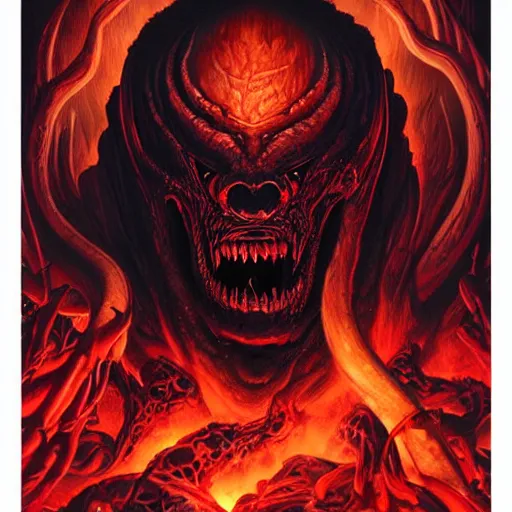 Image similar to doom giger venom demon portrait in hell, fire and flame , Pixar style, by Tristan Eaton Stanley Artgerm and Tom Bagshaw.