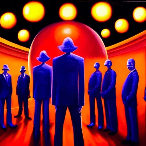 Prompt: a hyperrealistic painting of the shadow elite controlling society behind the scenes, faceless suits standing around a glowing globe in centre of room with checkered floor tiles, cinematic horror by the art of skinner, chris cunningham, lisa frank, richard corben, highly detailed, vivid color,